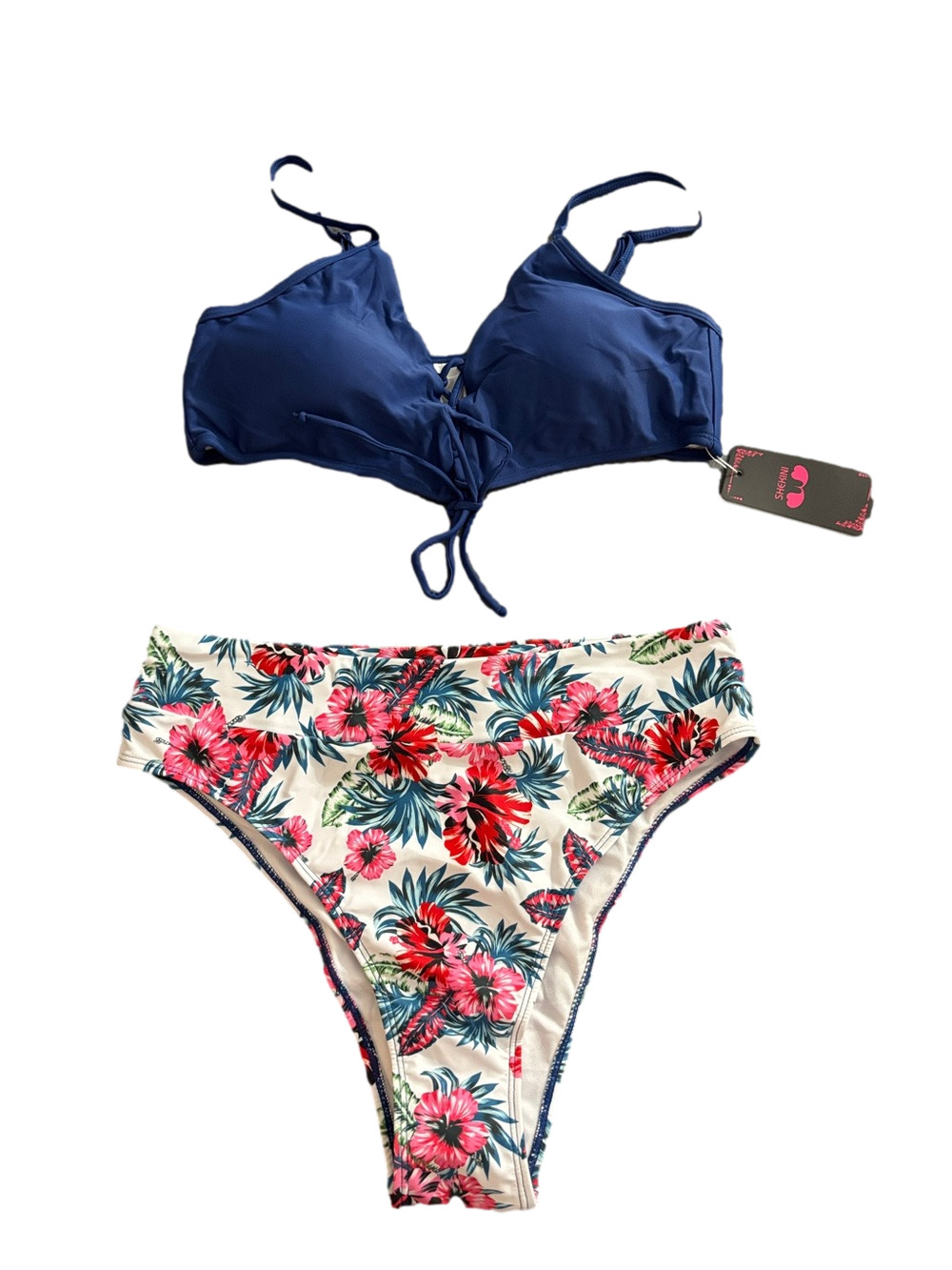NWT Shekini Blue Lace Up Bikini Tropical Floral Two Piece Swimsuit XL